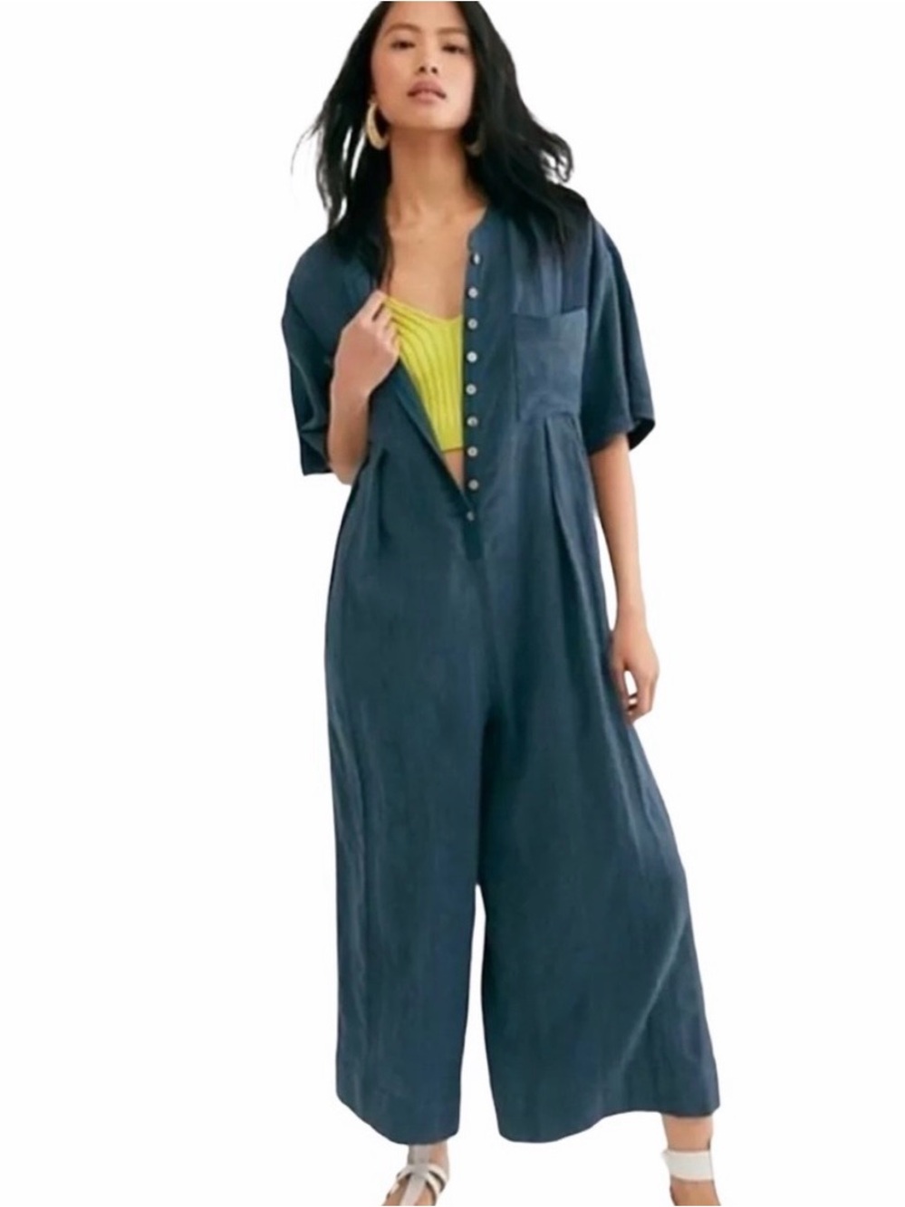 Free People Current Obsession Jumpsuit Blue Textured Cotton Linen Small -bins